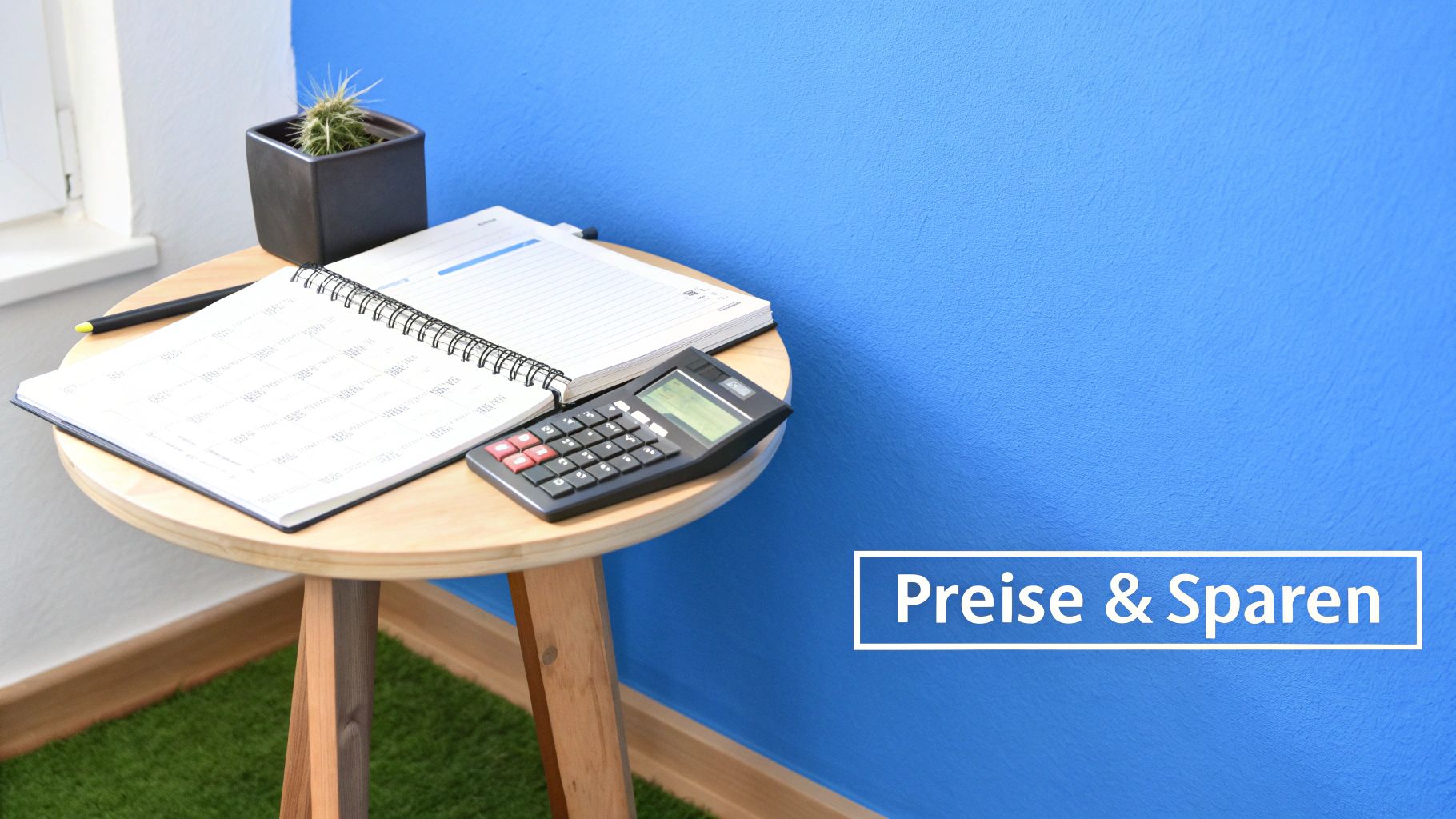 Ein runder Holztisch mit offener Agenda, Stift, Taschenrechner und Kaktus vor einer blauen Wand. Unten rechts steht "Preise & Sparen" in einem weißen Rahmen.