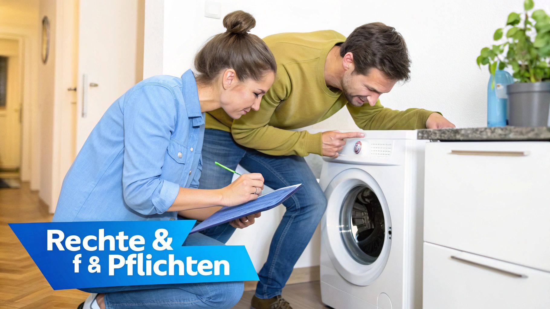 Ein Paar prüft gemeinsam eine Waschmaschine, während die Frau Notizen auf einem Klemmbrett macht.