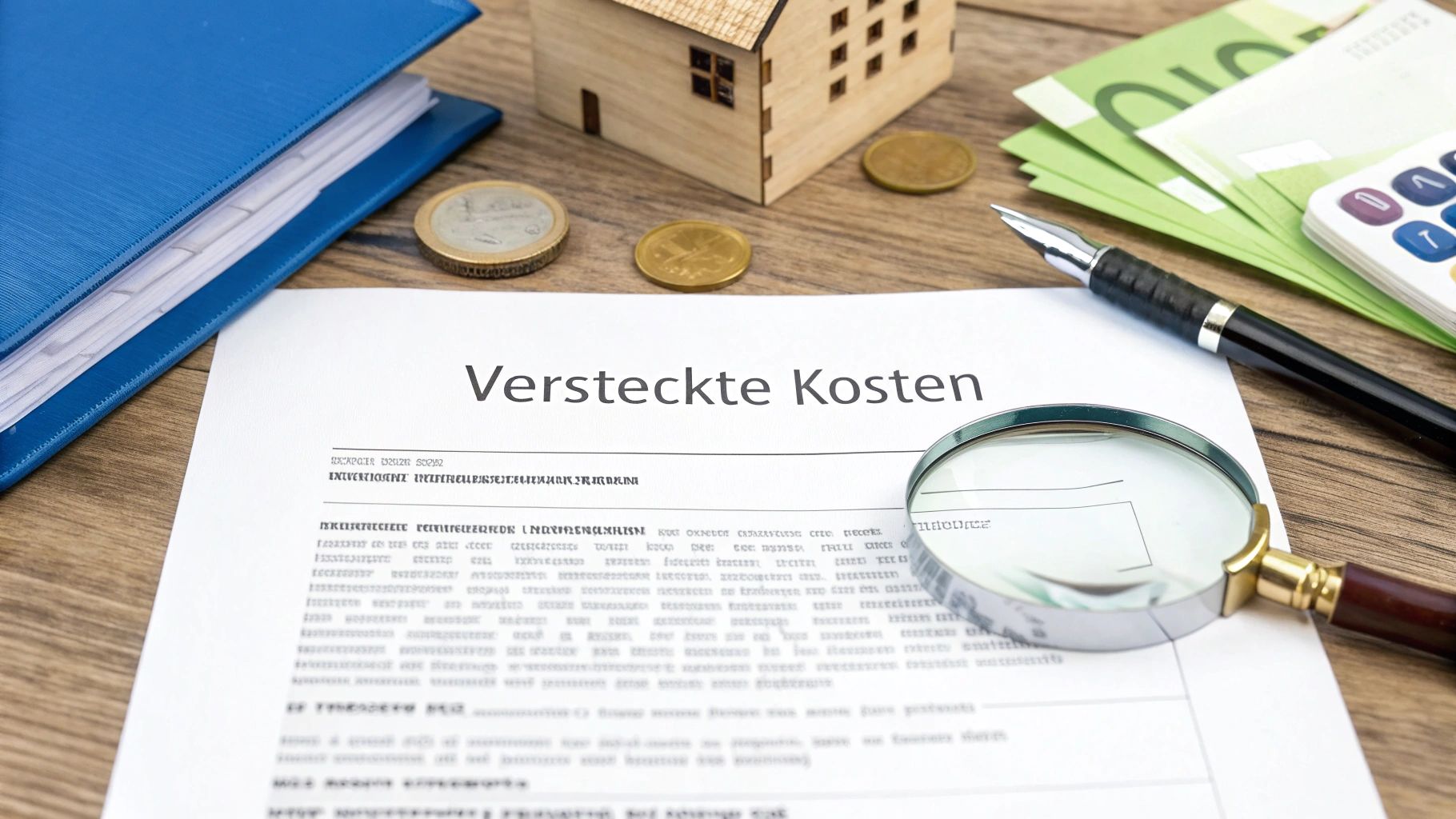 Versteckte Kosten: Dokument, Lupe, Euro-Banknoten, Münzen, Taschenrechner und Hausmodell auf einem Holztisch.