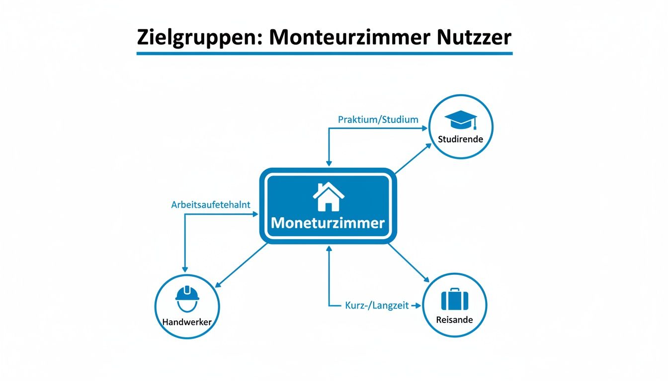 Diagramm der Zielgruppen für Monteurzimmer: Studenten, Handwerker und Reisende mit ihren jeweiligen Aufenthaltsgründen.