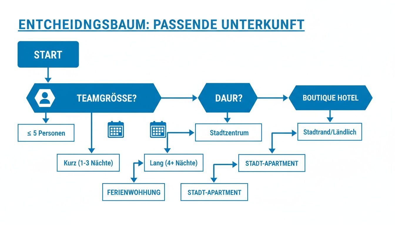 Entscheidungsbaum zur Auswahl der passenden Unterkunft basierend auf Teamgröße, Dauer und Standortpräferenz.