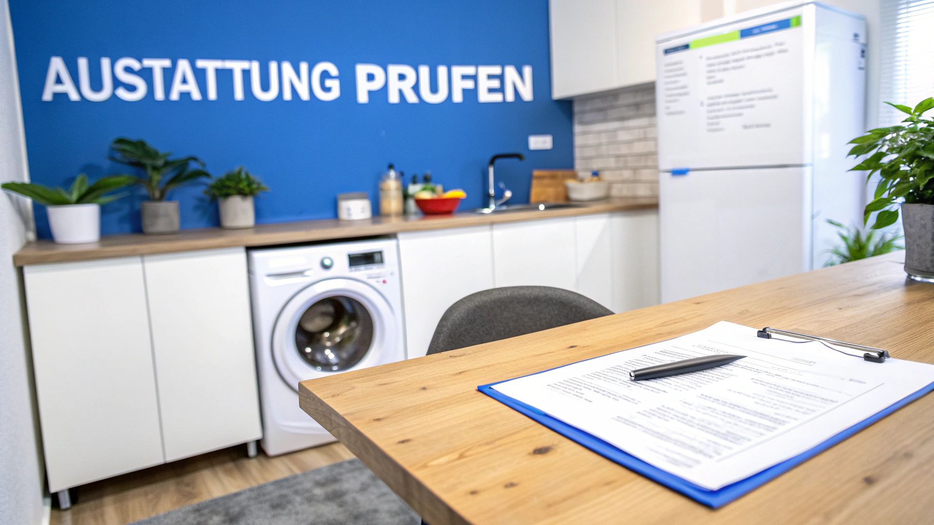 Moderne Küche mit Waschmaschine, Spüle und Pflanzen. Blauer Wandtext 'Ausstattung Prüfen'. Schreibtisch mit Dokumenten im Vordergrund.