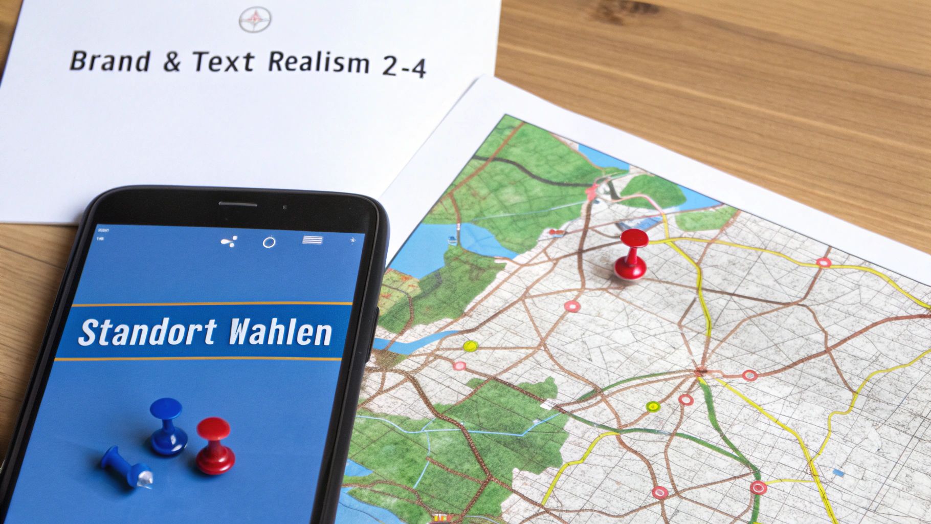 Smartphone zeigt 'Standort Wählen' neben einer Karte mit Stecknadel, symbolisierend Standortauswahl und Reiseplanung.