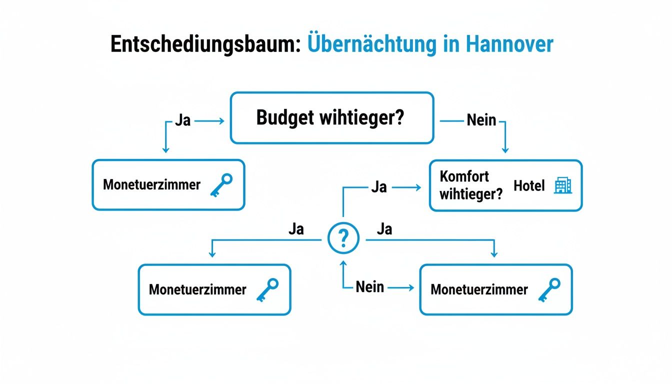 Entscheidungsbaum für Übernachtungen in Hannover, der Fragen zu Budget und Komfort stellt, um zwischen Hotel und günstigem Zimmer zu wählen.