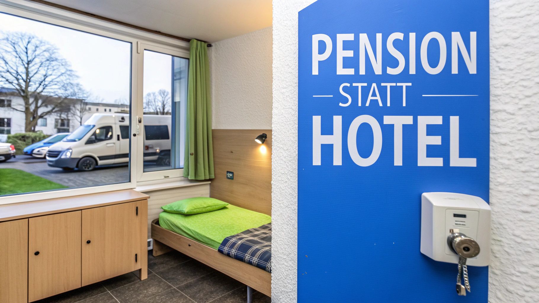 Schlichtes Pensionszimmer mit Bett, Blick aus dem Fenster und blauem Schild "PENSION STATT HOTEL".