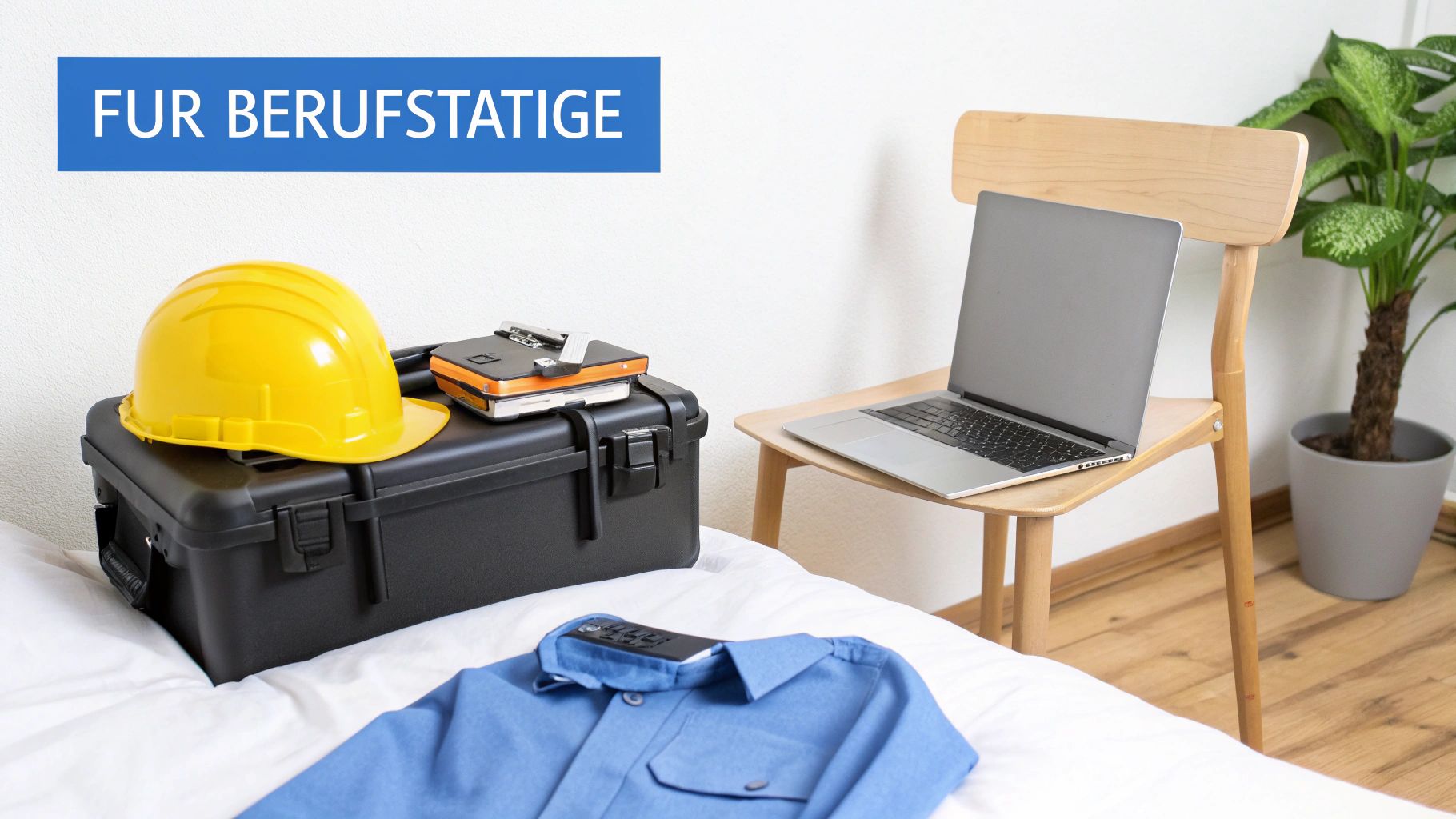 Werkzeugkoffer mit Schutzhelm und Arbeitskleidung neben Laptop auf Stuhl für Berufstätige