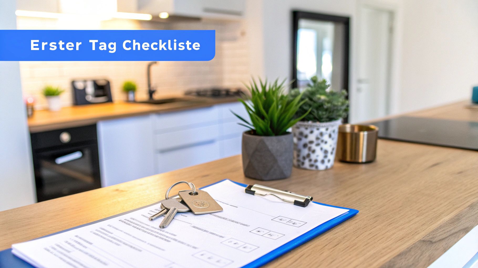 Schlüssel und eine Checkliste für den ersten Tag liegen auf einer Küchenarbeitsplatte mit Zimmerpflanzen in einer modernen Küche.
