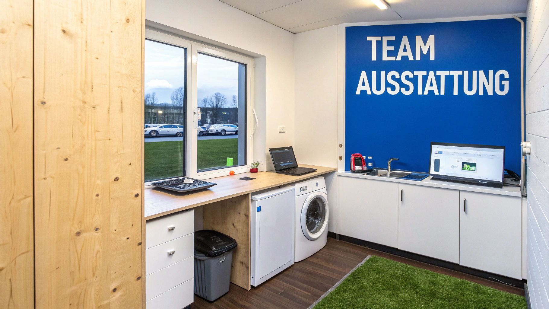Funktioneller Büroraum mit Waschmaschine, Arbeitsplatz, Spülbecken und dem Schriftzug 'TEAM AUSSTATTUNG' an der blauen Wand.