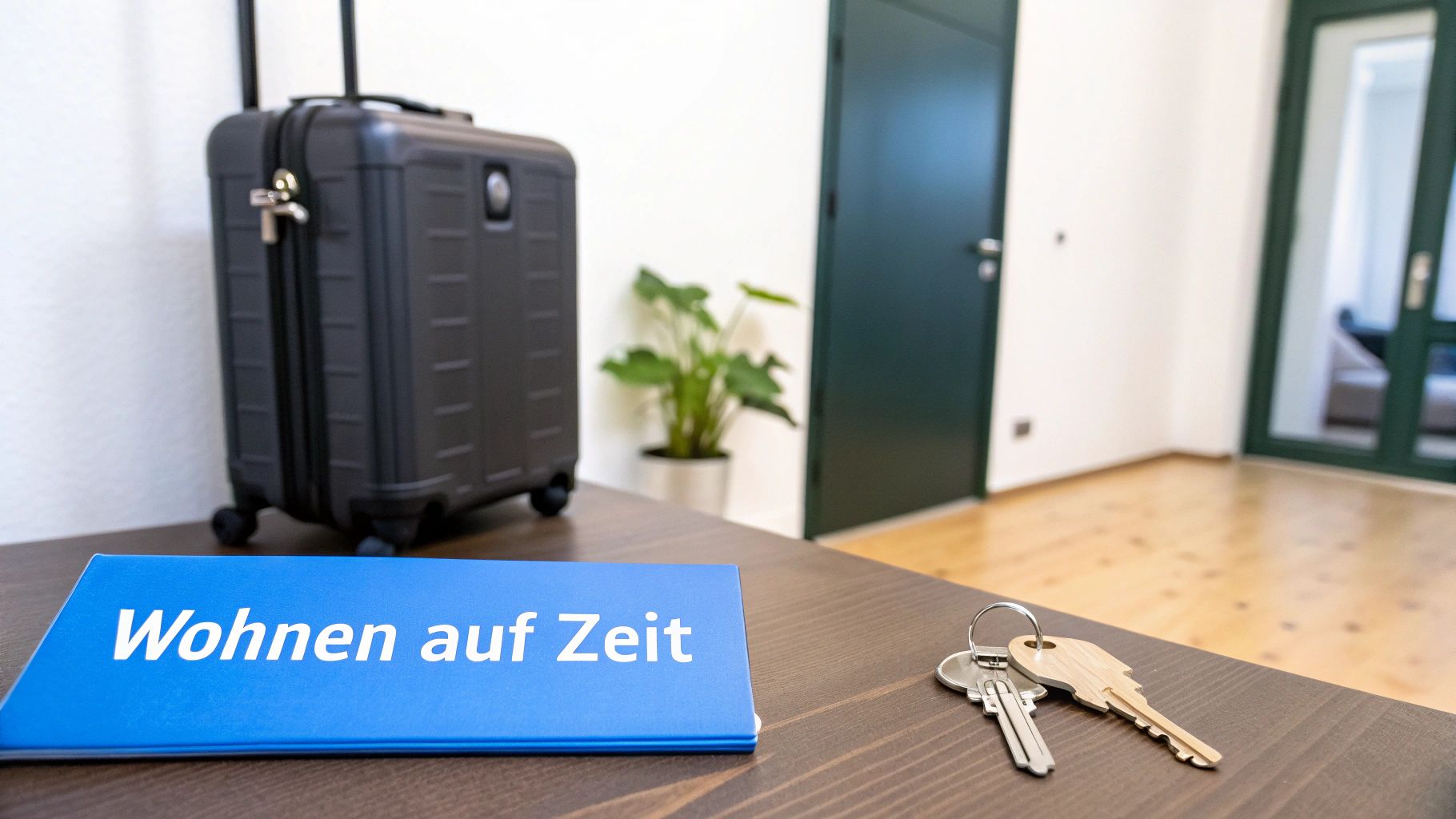 Ein Koffer, Schlüssel und ein Ordner mit 'Wohnen auf Zeit' auf einem Holztisch in einer modernen Wohnung.