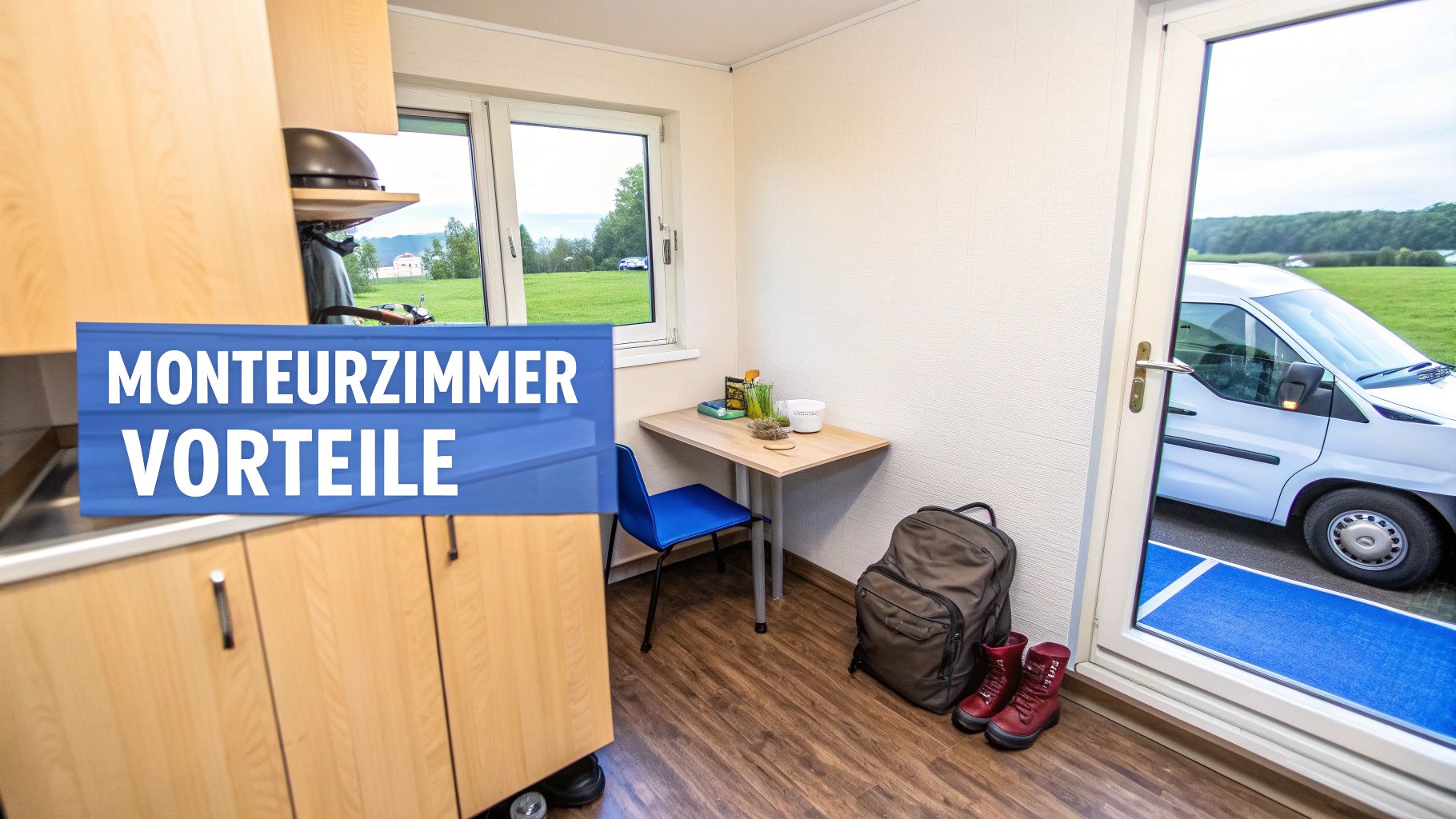 Praktisches Monteurzimmer mit kleiner Küchenzeile, Esstisch, Stuhl und Blick ins Grüne sowie auf einen Transporter.