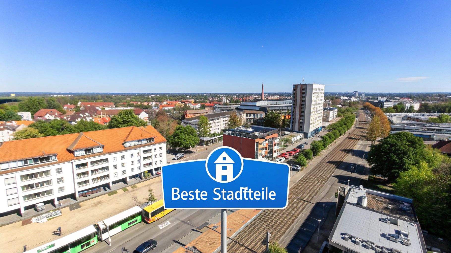 Luftaufnahme einer lebhaften Stadtansicht mit Wohngebäuden, Bäumen, Verkehr und einem Schild 'Beste Stadtteile'.
