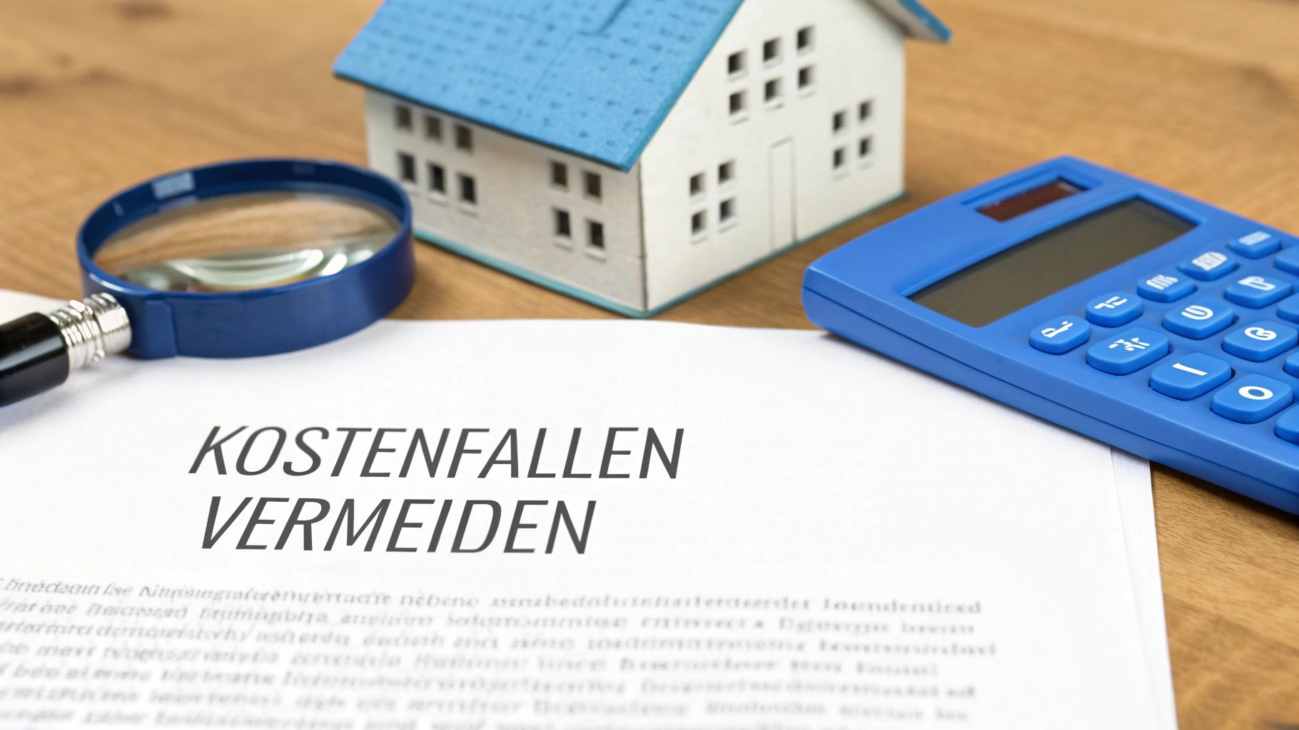 Eine Lupe, ein Modellhaus und ein Taschenrechner liegen auf einem Dokument mit der Überschrift 'Kostenfallen vermeiden'.