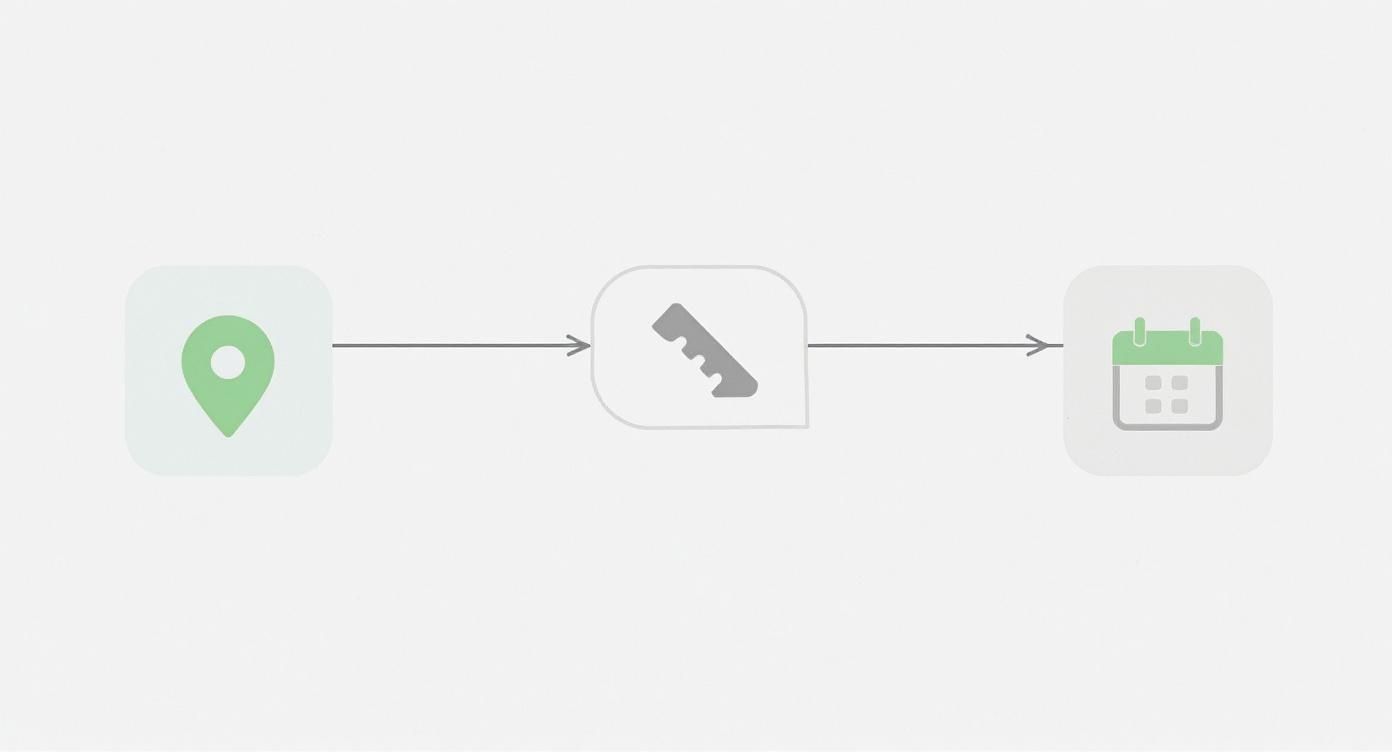 Ein Flussdiagramm zeigt den Übergang von einem Standort über ein Planungs-Symbol zu einem Kalender.