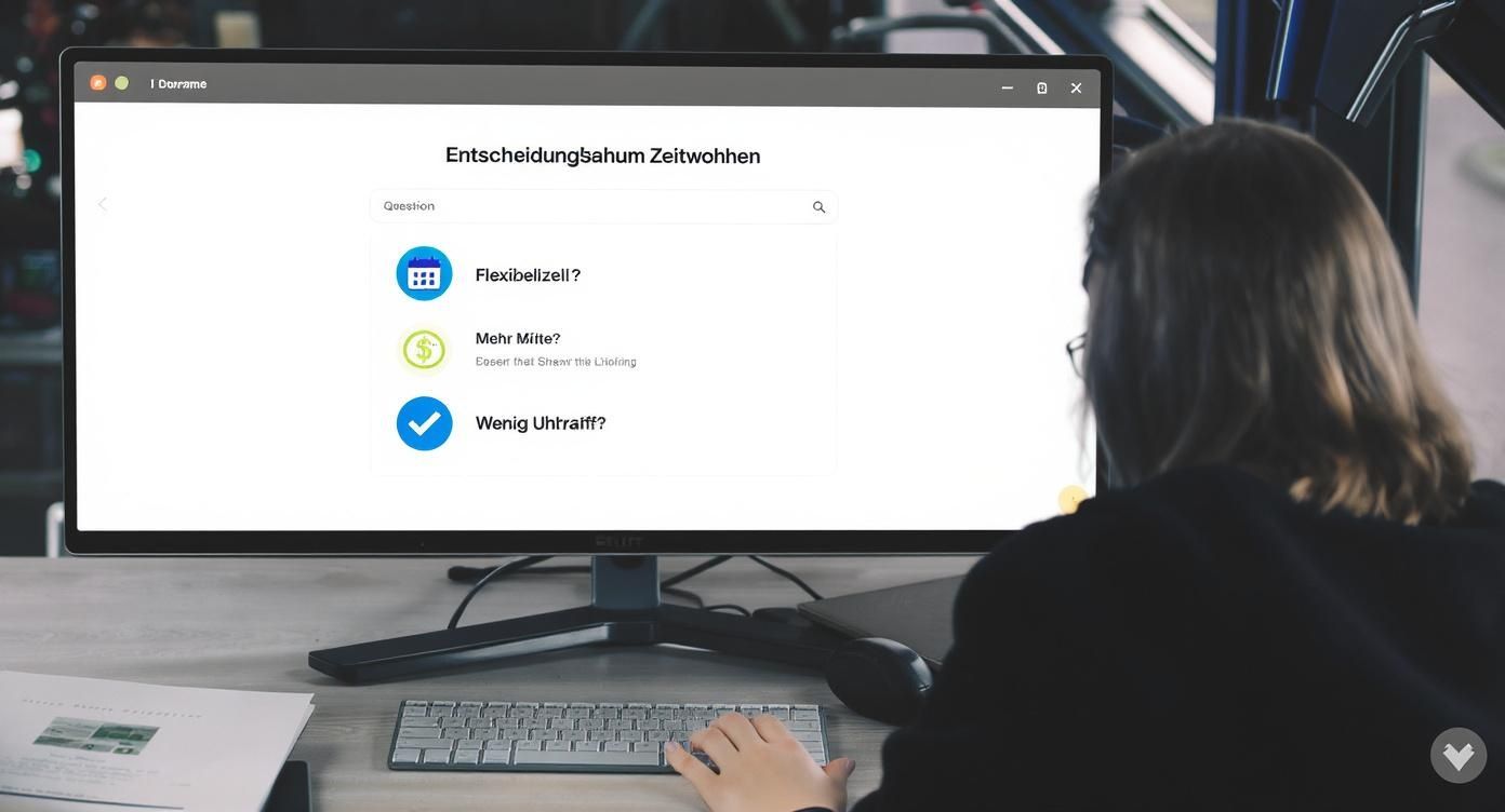 Person am Schreibtisch vor Monitor mit Software zur Entscheidungsfindung für Zeitwohnungen.