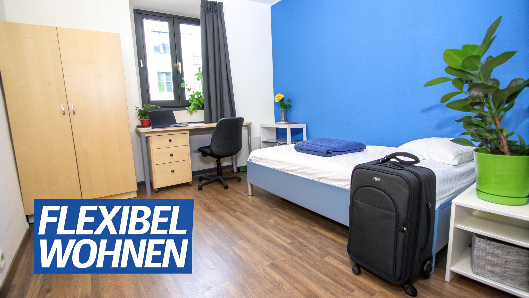 Ein helles Zimmer mit Einzelbett, Schreibtisch, Kleiderschrank und einem Koffer auf Holzfußboden.