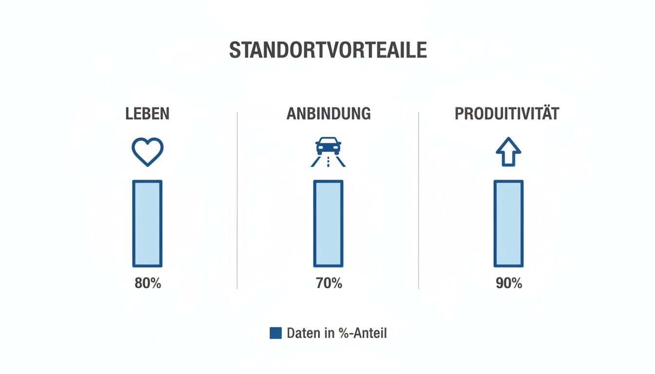 Diagramm zeigt Standortvorteile: Leben (80%), Anbindung (70%) und Produktivität (90%).