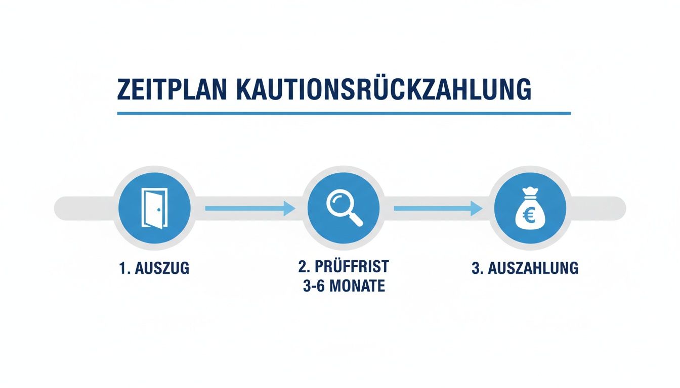 Zeitplan Kautionsrückzahlung: Darstellung des Prozesses mit Auszug, Prüffrist (3-6 Monate) und anschließender Auszahlung der Kaution.