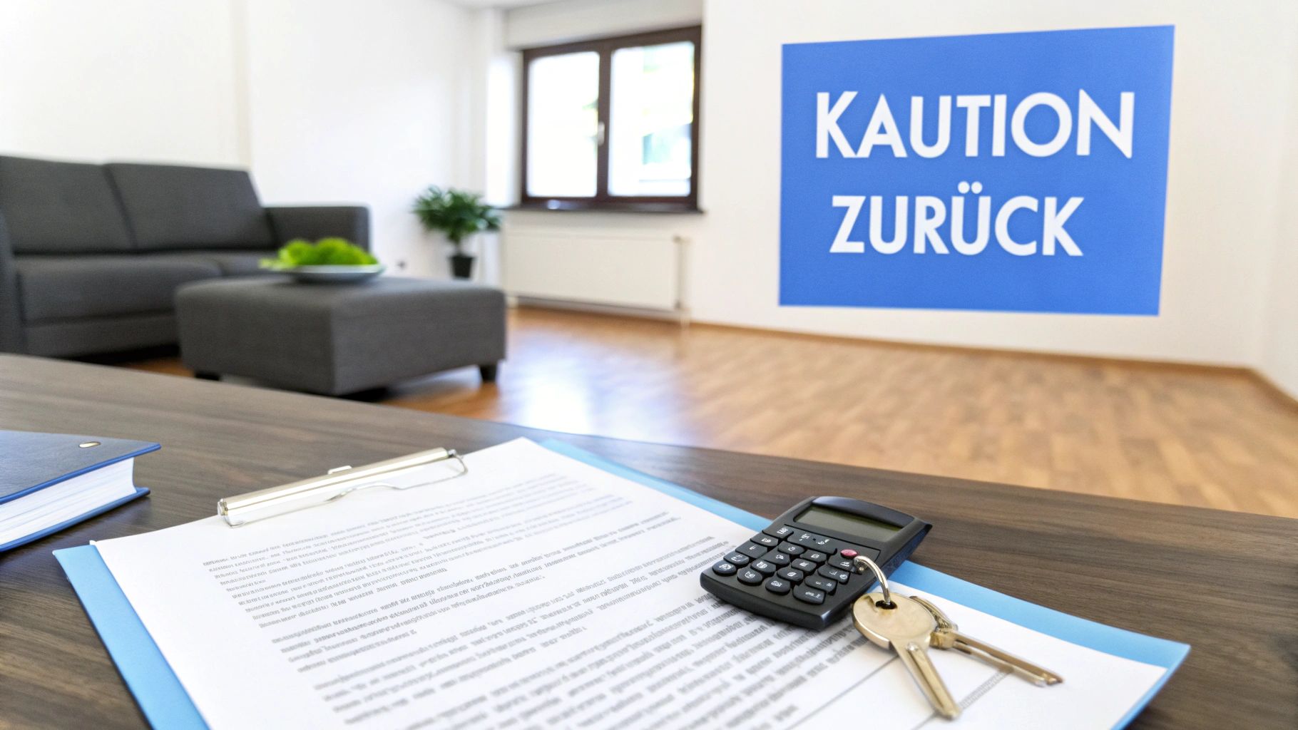 Auf einem Schreibtisch liegen ein Vertrag, Rechner und Schlüssel, im Hintergrund ein Wohnzimmer mit Schild 'Kaution zurück'.