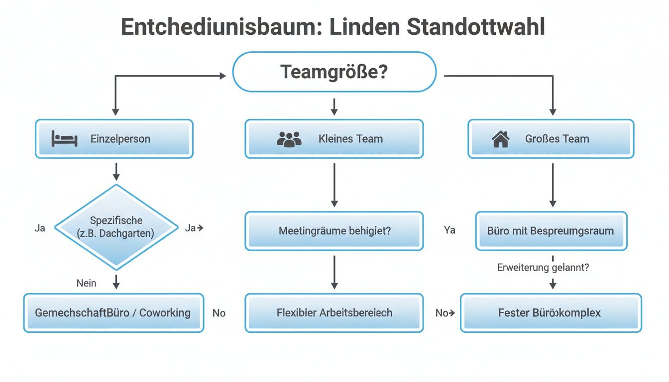 Flussdiagramm zur Standortwahl für Büros in Linden, basierend auf Teamgröße und spezifischen Anforderungen an den Arbeitsbereich.
