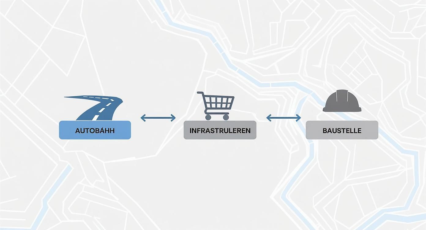 Diagramm zeigt den Fluss von Autobahnen über Infrastrukturlieferung zu Baustellen auf einem Kartenhintergrund.