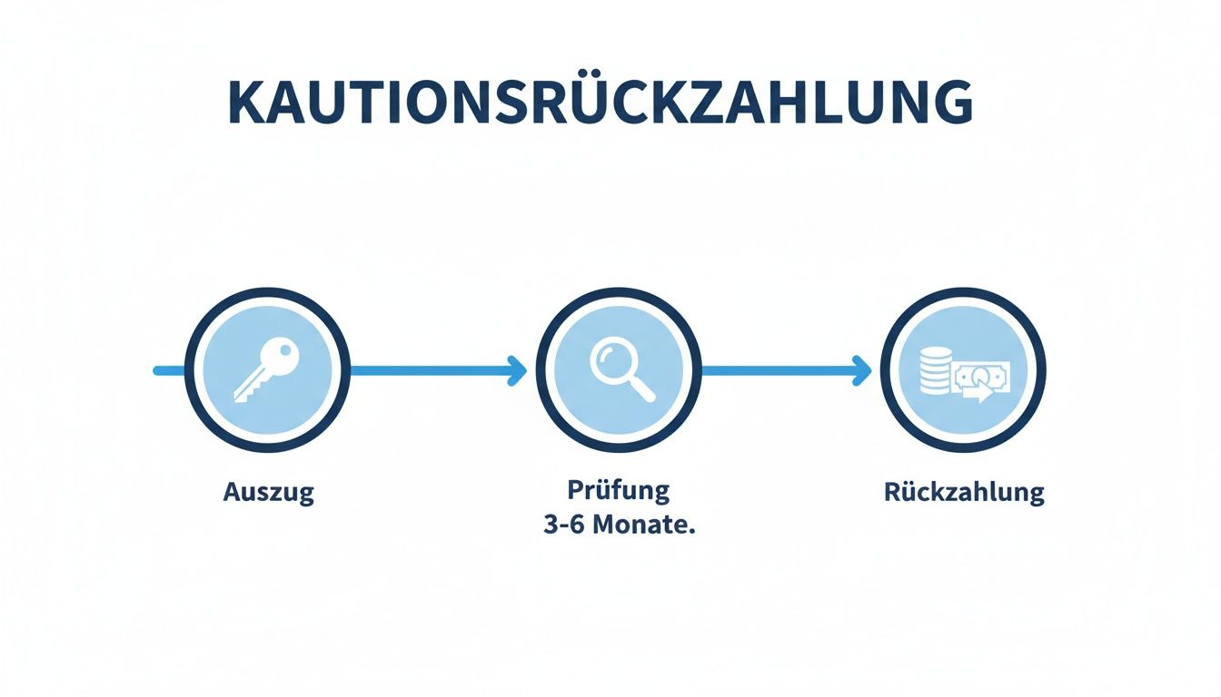 Infografik zur Kautionrückzahlung: Prozessschritte vom Auszug über die Prüfung (3-6 Monate) bis zur Rückzahlung der Kaution.