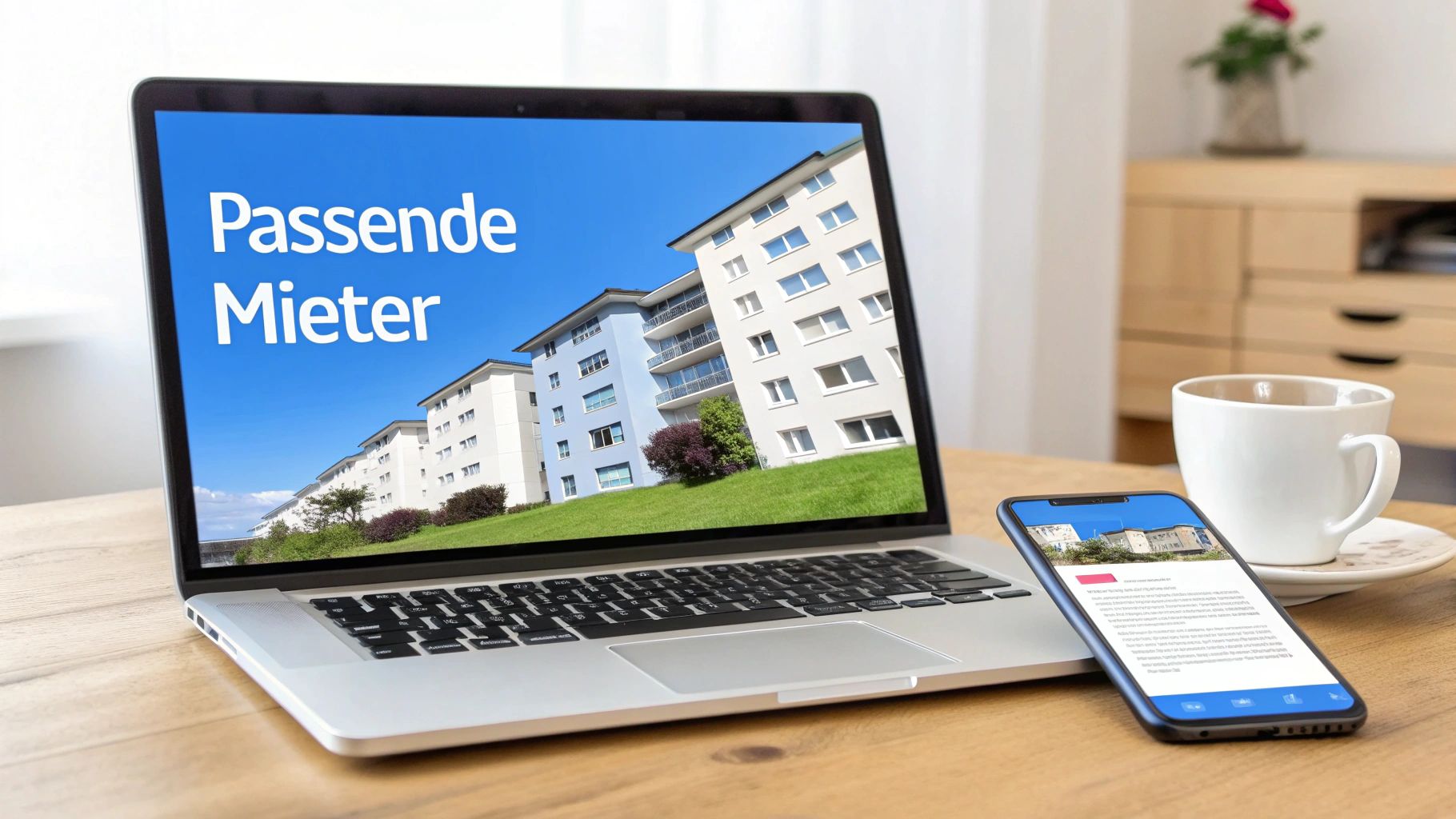 Laptop und Smartphone zeigen passende Mieter für Apartmenthäuser; eine Kaffeetasse steht daneben auf einem Holztisch.