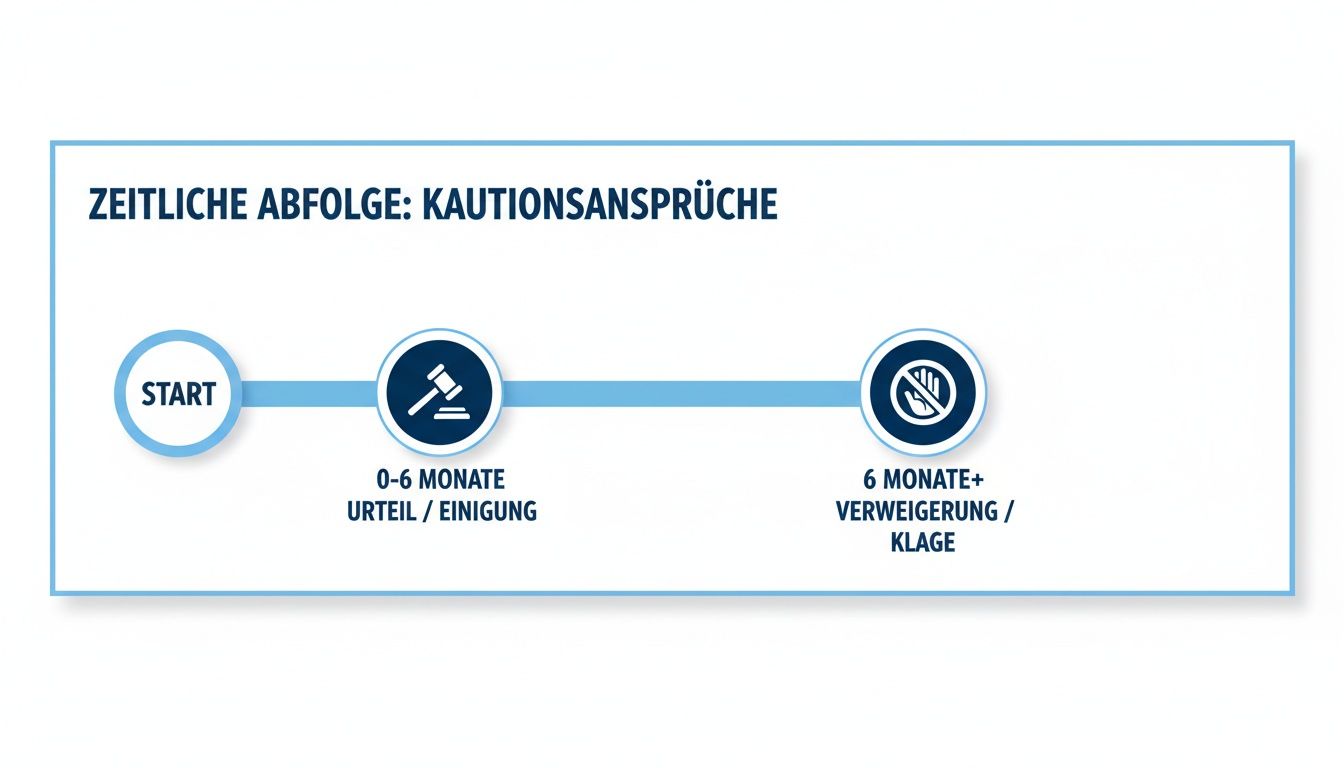 Zeitlicher Ablauf von Kautionsansprüchen mit drei Phasen: Start, 0-6 Monate Urteil/Einigung und 6 Monate+ Verweigerung/Klage.
