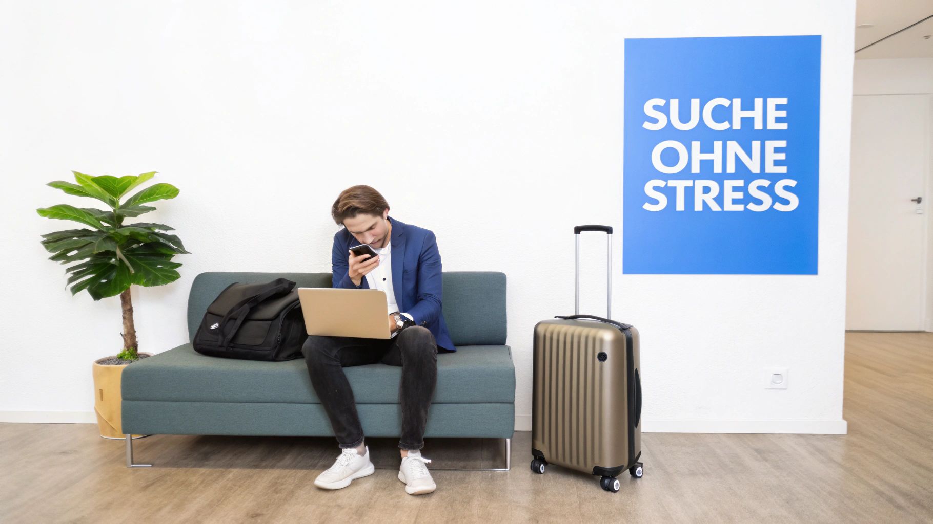 Ein junger Mann sitzt auf einem Sofa mit Laptop und Smartphone neben einem Koffer und einer Pflanze, mit einem Schild 'Suche ohne Stress'.