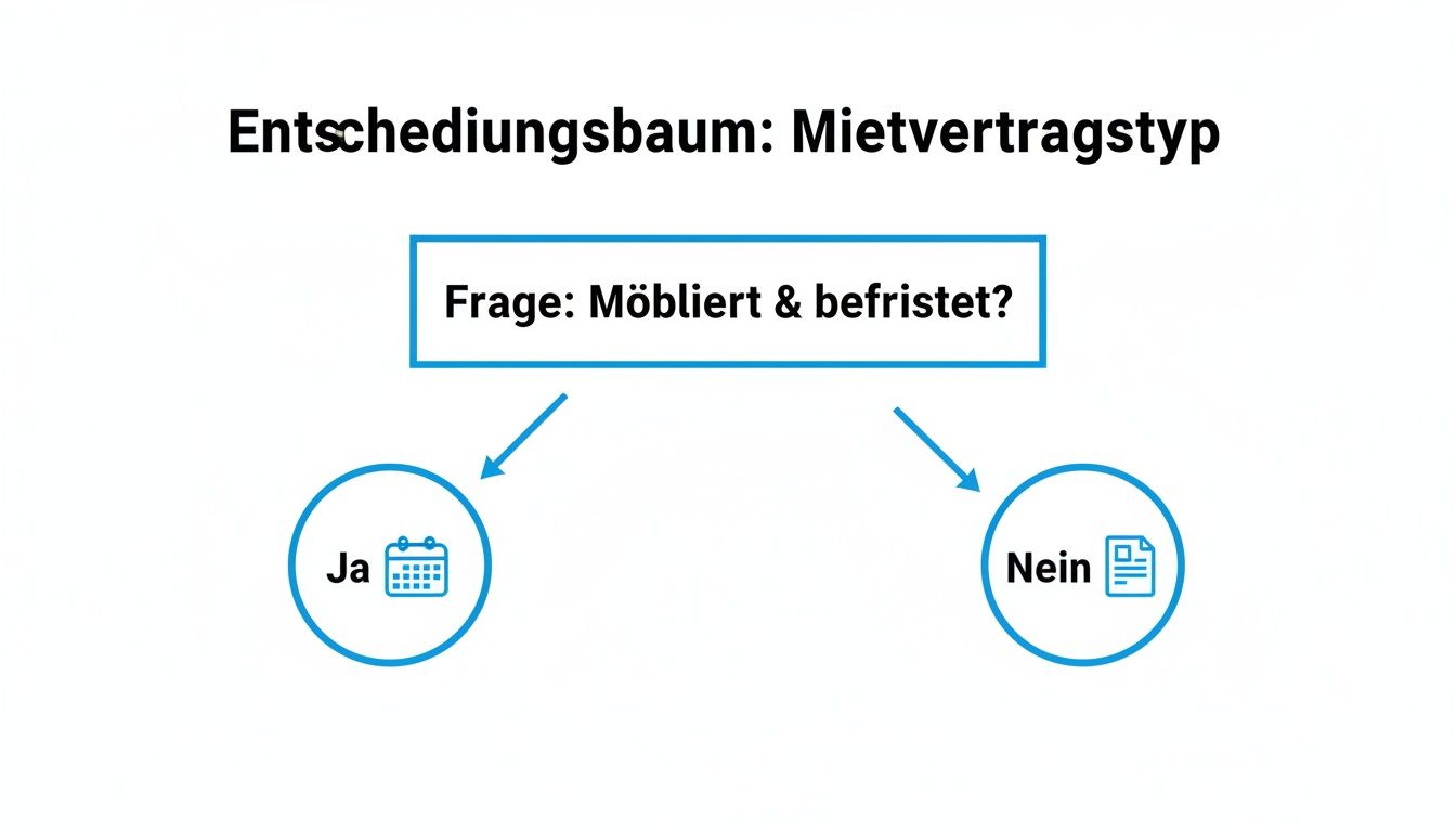 Entscheidungsbaum für Mietvertragstypen, der die Frage 'Möbliert & befristet?' untersucht und zu 'Ja' oder 'Nein' führt.