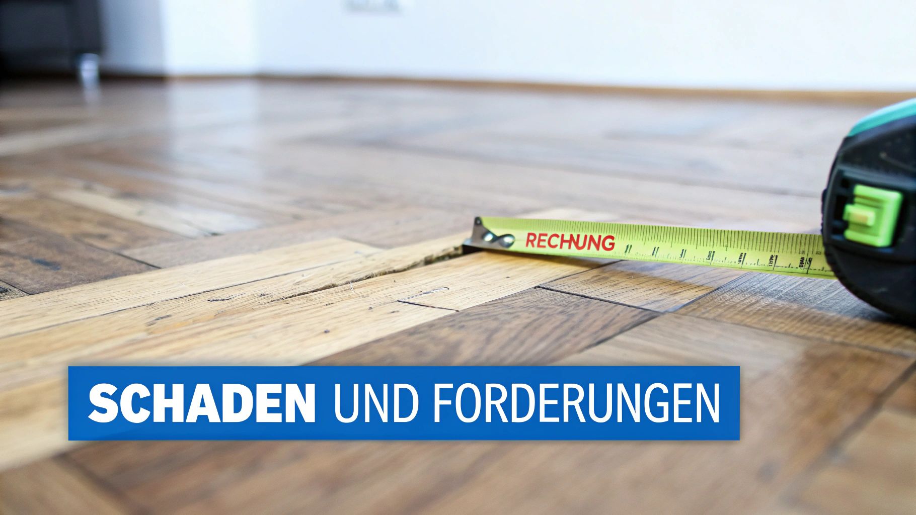 Messband auf beschädigtem Parkettboden mit der Aufschrift 'RECHNUNG'. Im Vordergrund steht 'SCHADEN UND FORDERUNGEN'.
