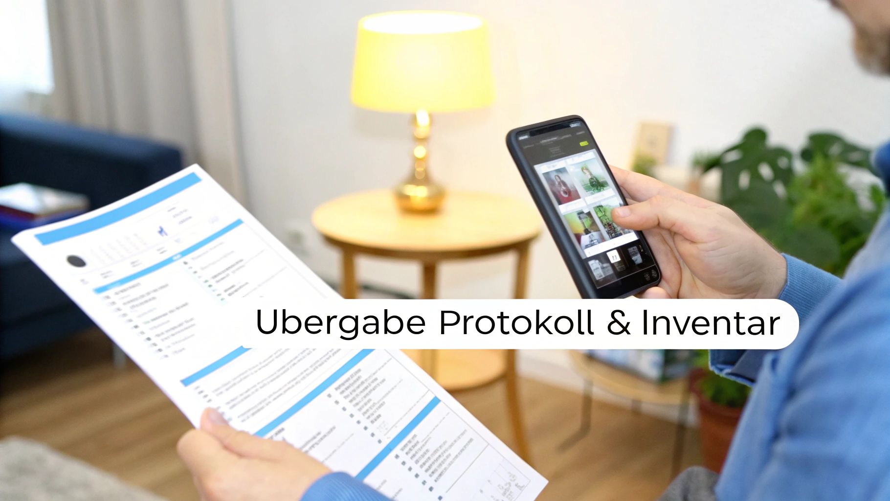 Eine Person prüft Übergabeprotokoll und Inventarlisten, sowohl auf Papier als auch digital auf einem Smartphone.