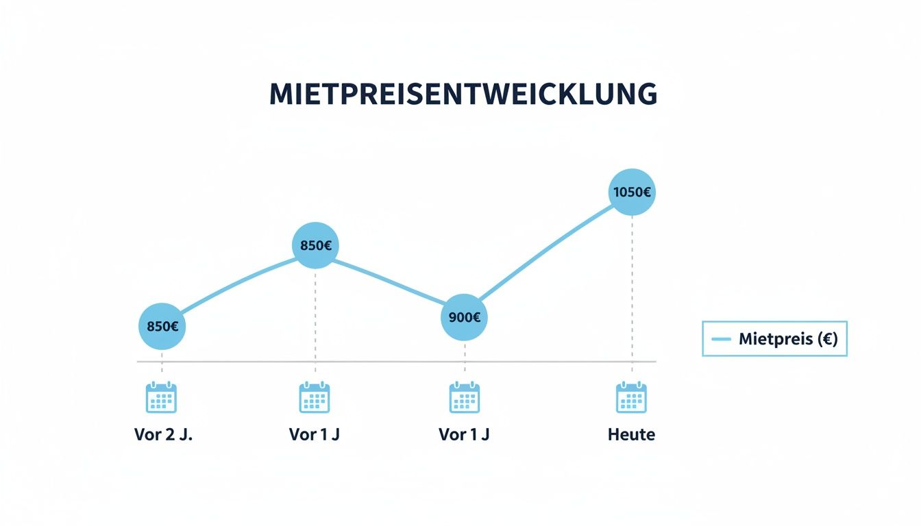 Liniendiagramm zeigt die Entwicklung der Mietpreise von 850€ auf 1050€ über die Zeit.
