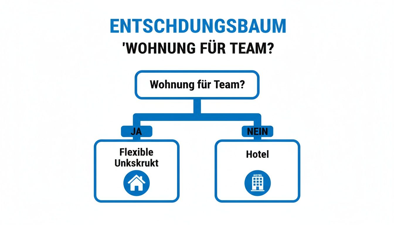 Entscheidungsbaum zur Team-Unterkunft: Wohnung für Team? Ja führt zu flexibler Unterkunft, Nein zu Hotel.