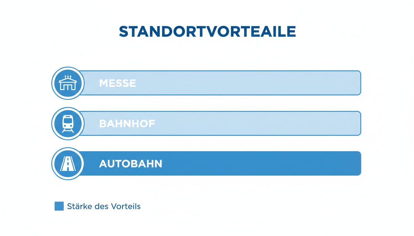 Grafik zeigt Standortvorteile wie Messe, Bahnhof und Autobahn, wobei die Autobahn den größten Vorteil bietet.