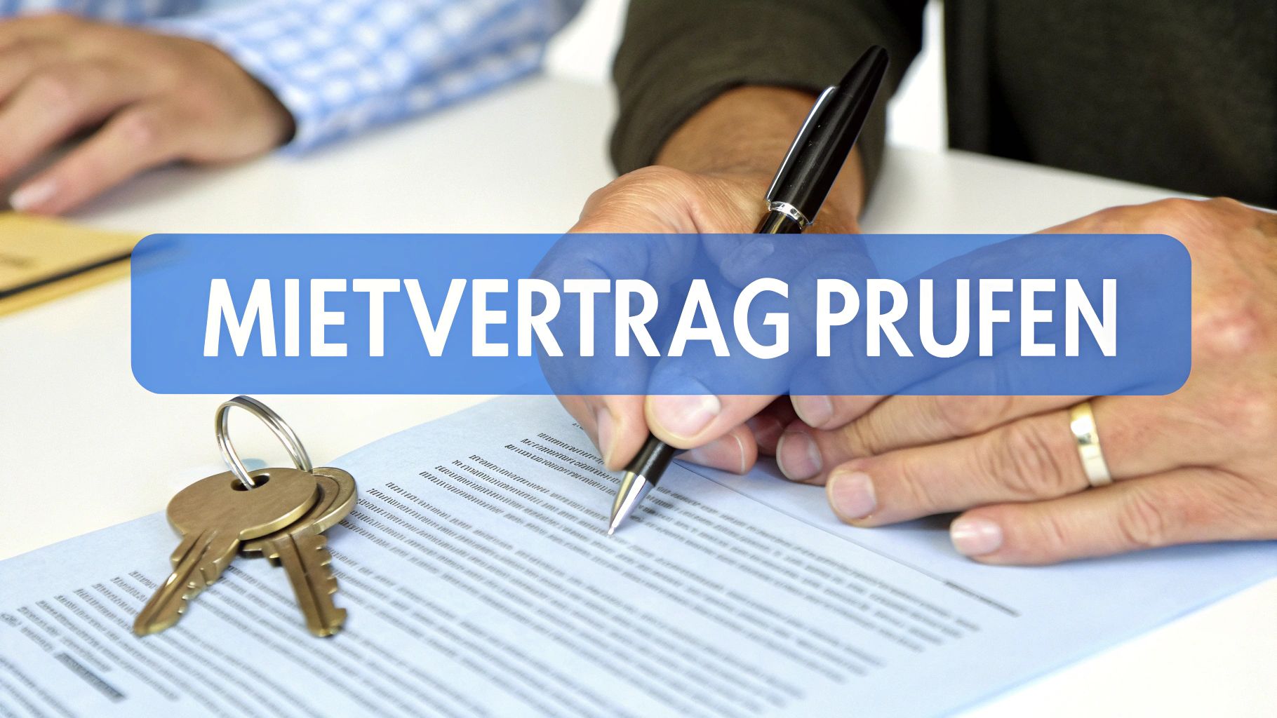Nahaufnahme von Händen, die einen Mietvertrag unterschreiben, daneben liegen Schlüssel und der Text "Mietvertrag prüfen" ist eingeblendet.