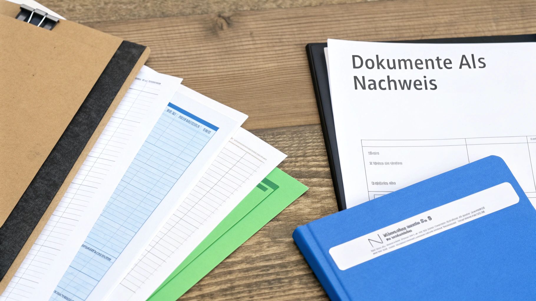 Verschiedene Dokumente, Ordner und Papiere auf einem Holztisch, bereit zur Bearbeitung.