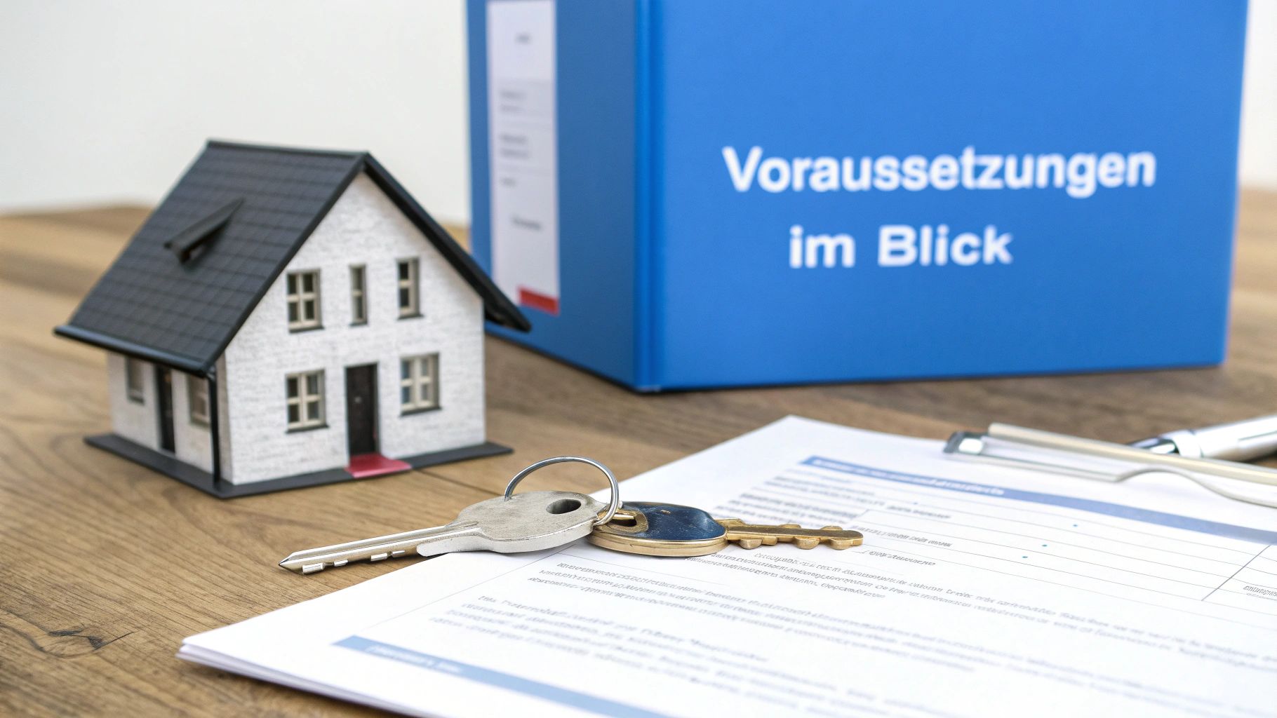 Miniaturhaus, Schlüssel und Dokumente mit blauem Ordner zu Voraussetzungen für Vermietung