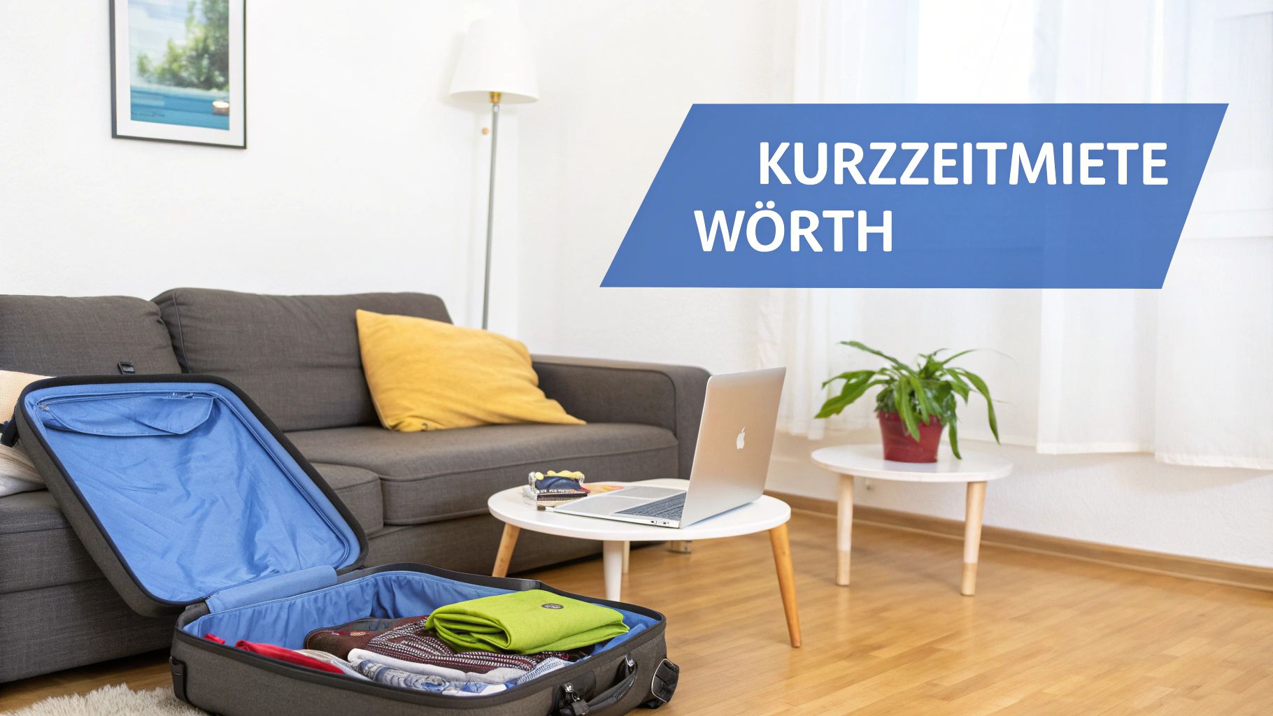 Ein offener Koffer in einem gemütlichen Wohnzimmer mit Sofa und Laptop, ideal für Kurzzeitmiete.