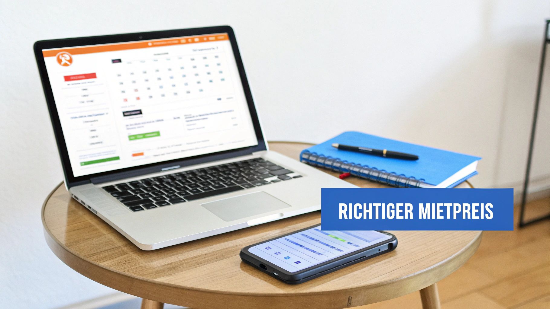 Laptop mit Mietpreiskalender, Smartphone und Notizbuch auf Holztisch, Fokus auf den richtigen Mietpreis.