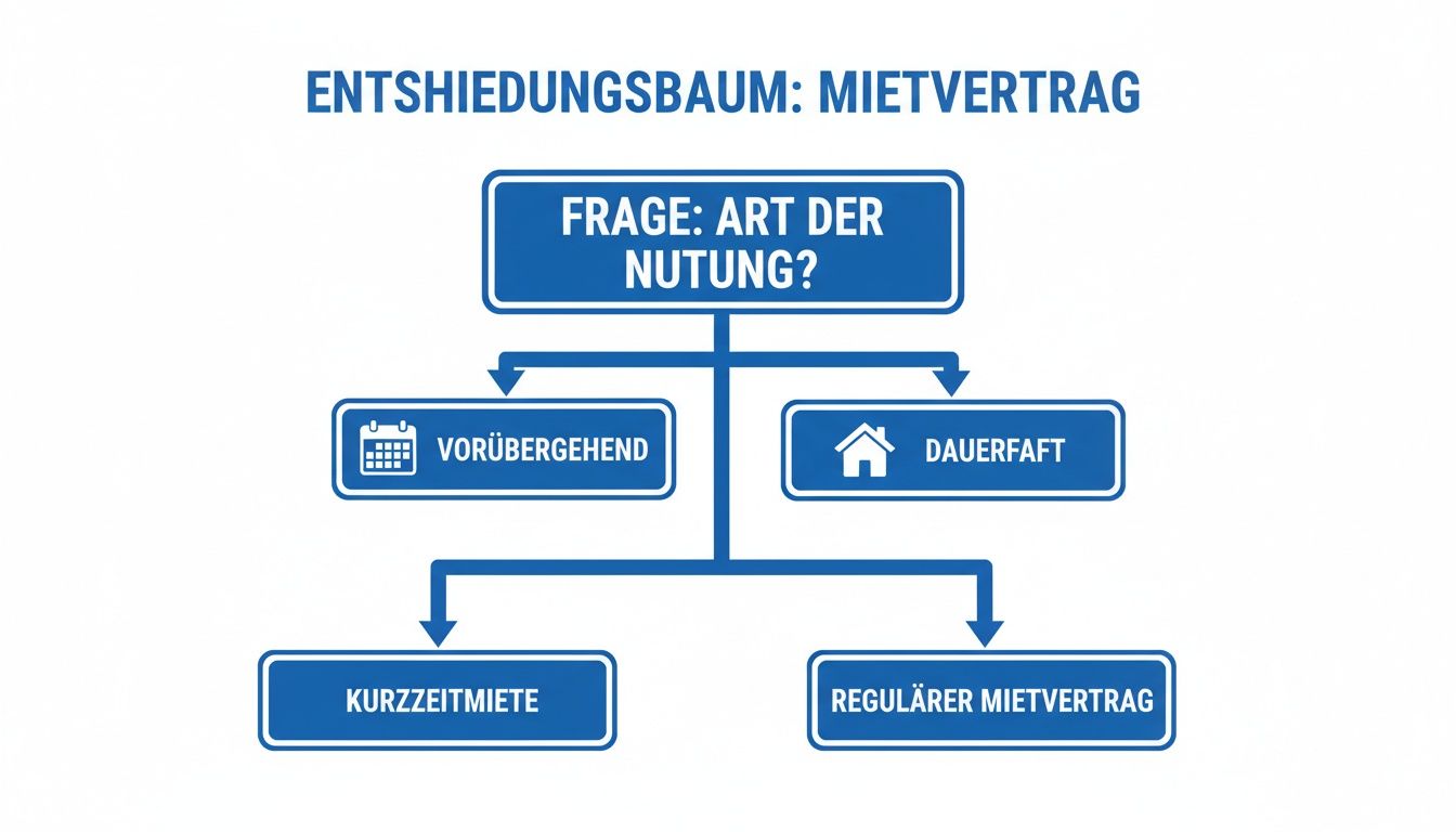 Entscheidungsbaum zum Mietvertrag, der die Nutzungsart in temporär (Kurzzeitmiete) oder dauerhaft (regulärer Mietvertrag) unterteilt.
