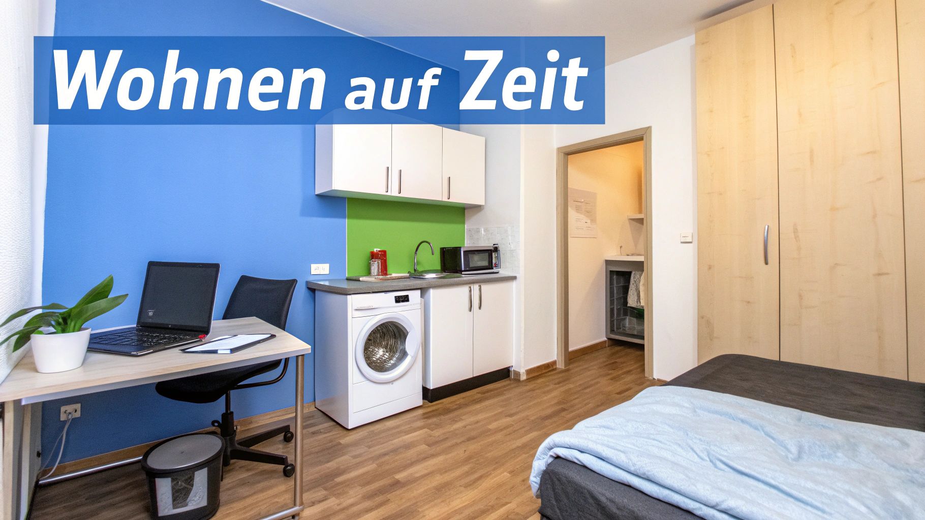 Ein helles Studio-Apartment mit Bett, Schreibtisch, Laptop, Küchenzeile und Waschmaschine. Ideal für temporäres Wohnen.