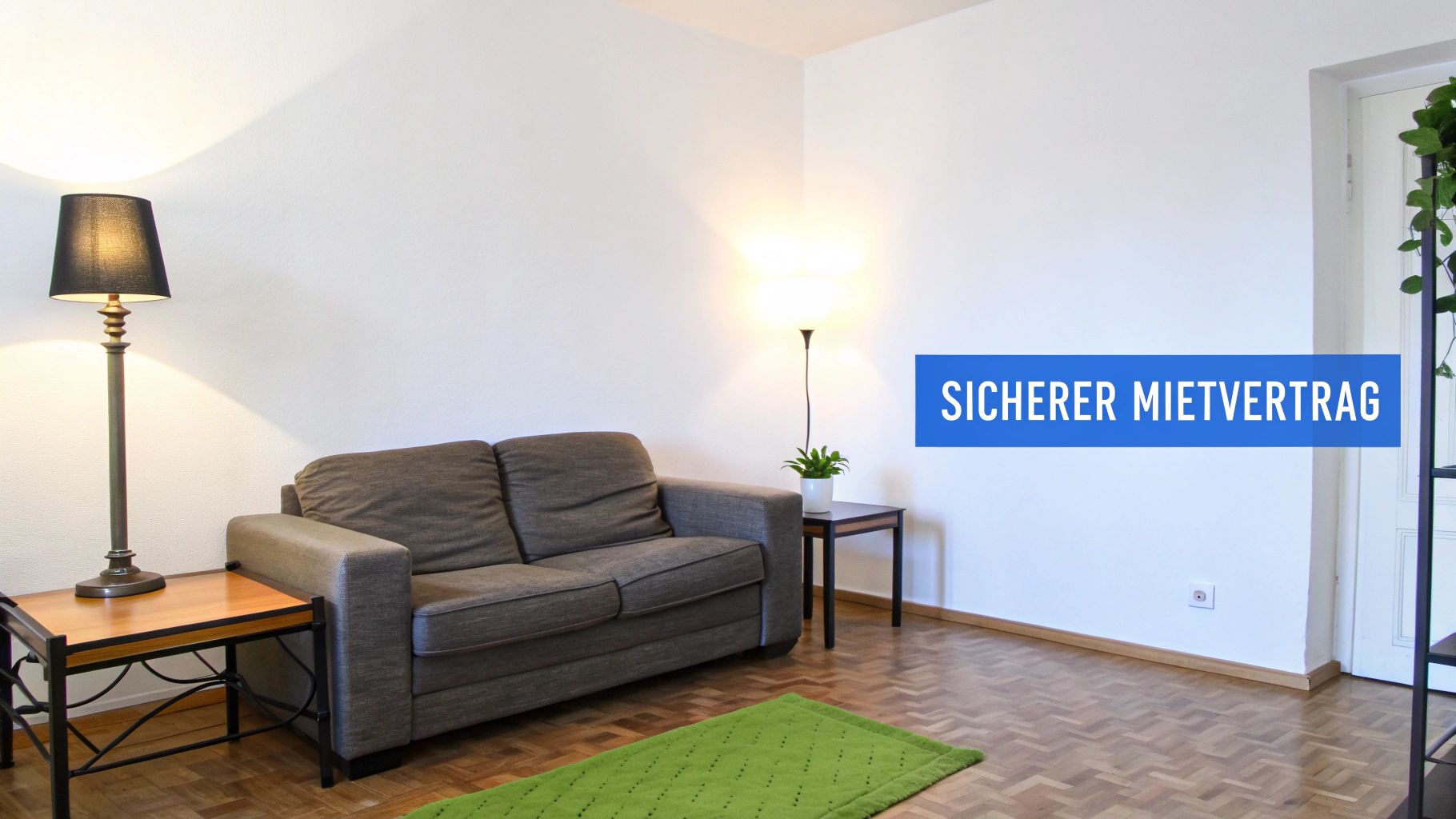 Heller Wohnraum mit gemütlichem grauen Sofa, zwei Stehlampen und Holzparkettboden. Ein blauer Banner bewirbt einen sicheren Mietvertrag.