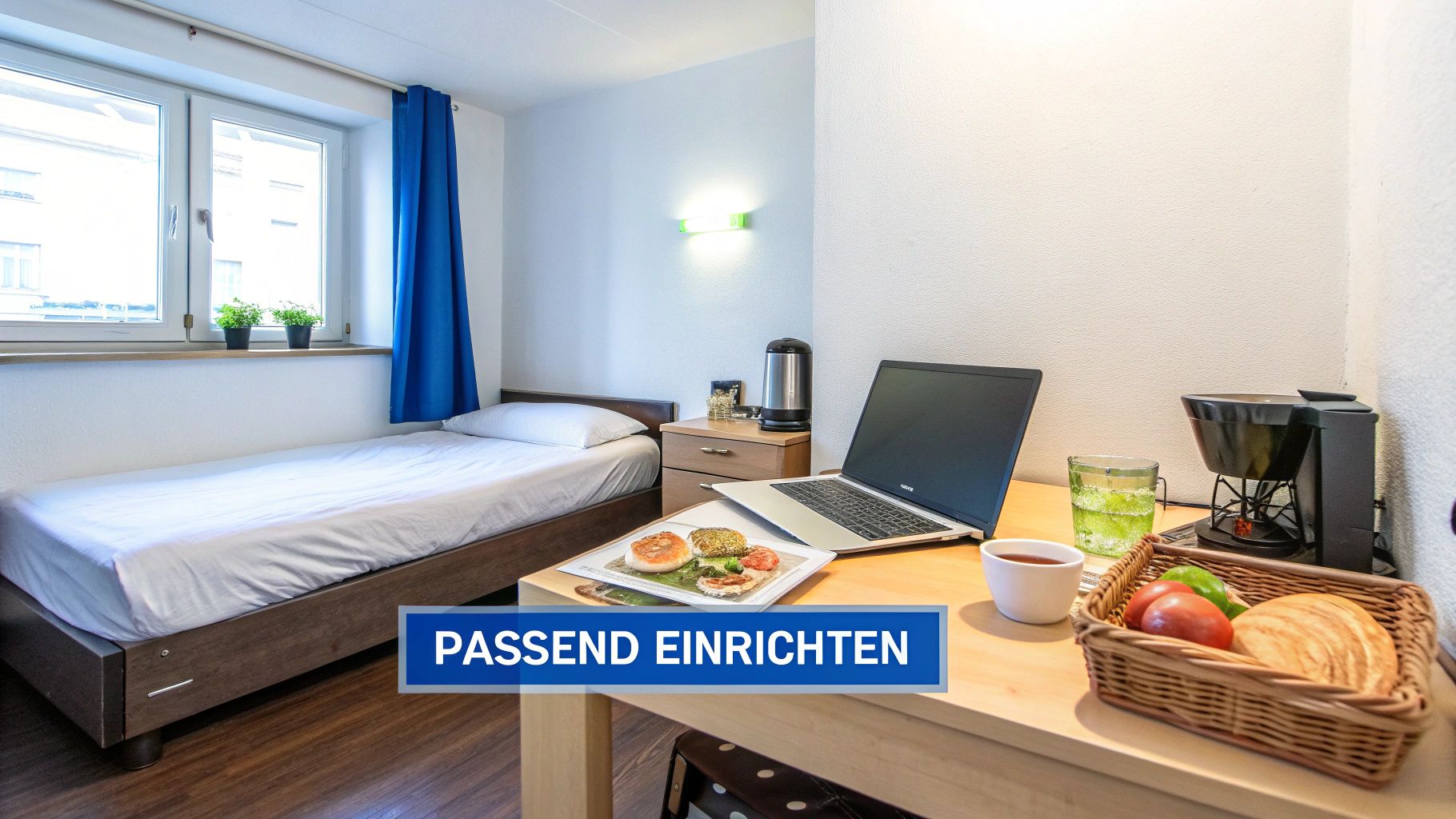 Helles Studiozimmer mit Einzelbett, Schreibtisch, Laptop, Kaffeemaschine und Fensterblick, ideal für Wohnen auf Zeit.