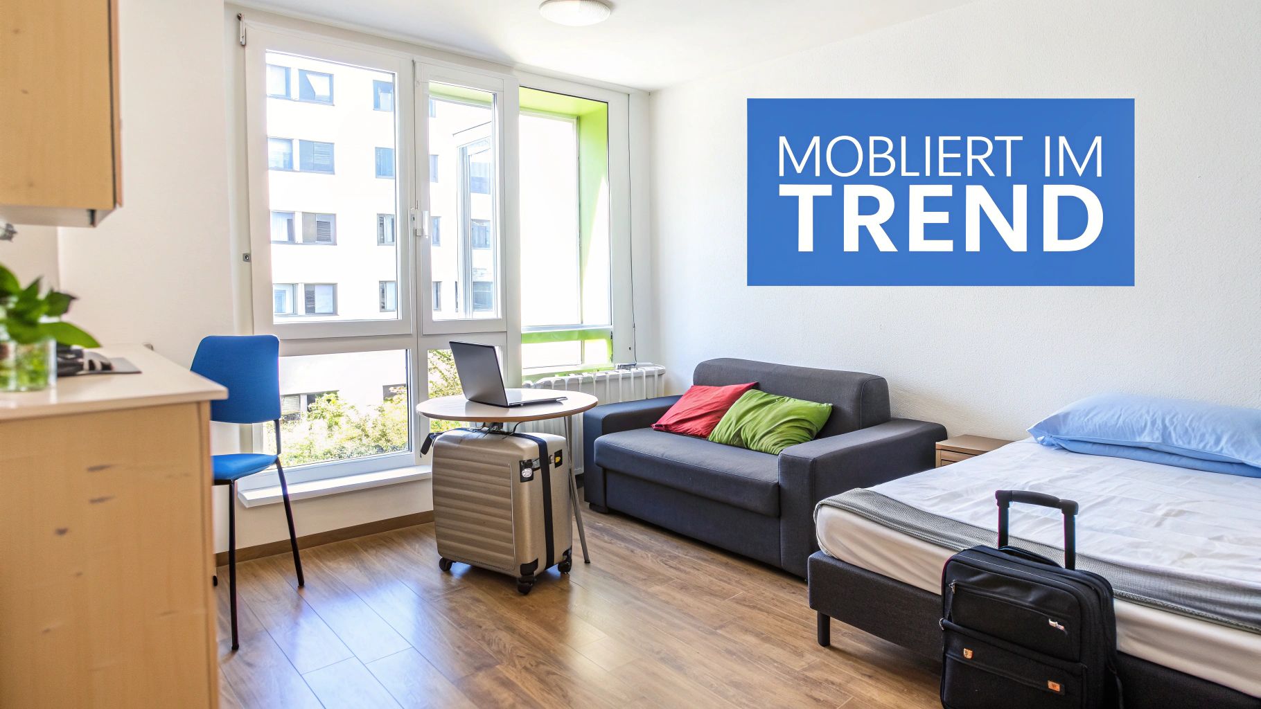 Gemütliches, modern möbliertes Zimmer mit Bett, Sofa, Schreibtisch mit Laptop und Reisegepäck am Fenster.