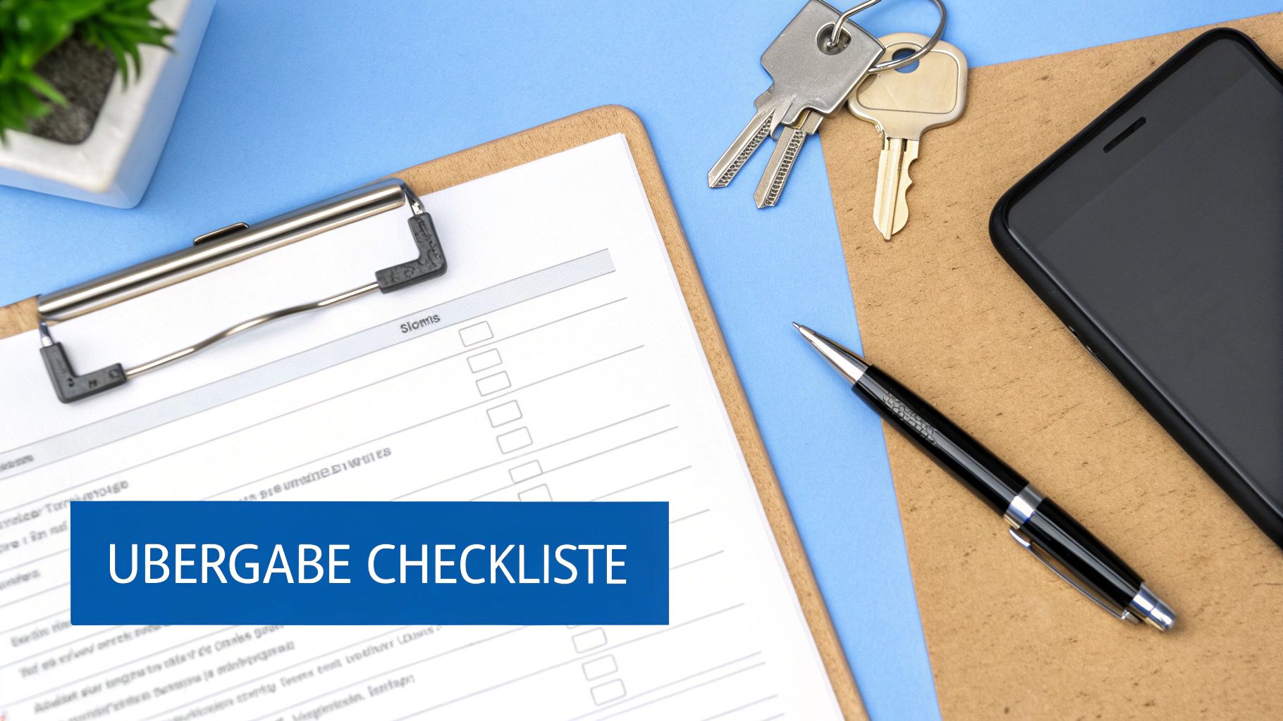 Übergabe Checkliste auf Klemmbrett mit Schlüsseln, Stift und Smartphone auf blauem Hintergrund.