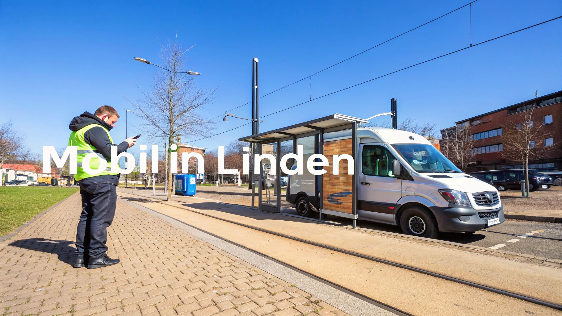 Ein Mann in Warnweste steht auf einem gepflasterten Weg und schaut auf sein Handy, mit einem Transporter und Haltestelle im Hintergrund.