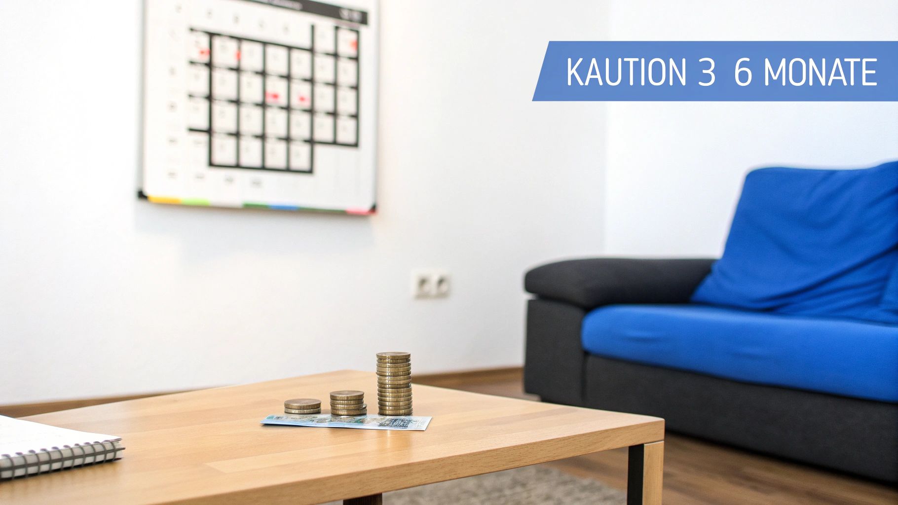Geldstapel auf einem Tisch mit dem Text 'KAUTION 3 6 MONATE' und einem Kalender im Hintergrund.
