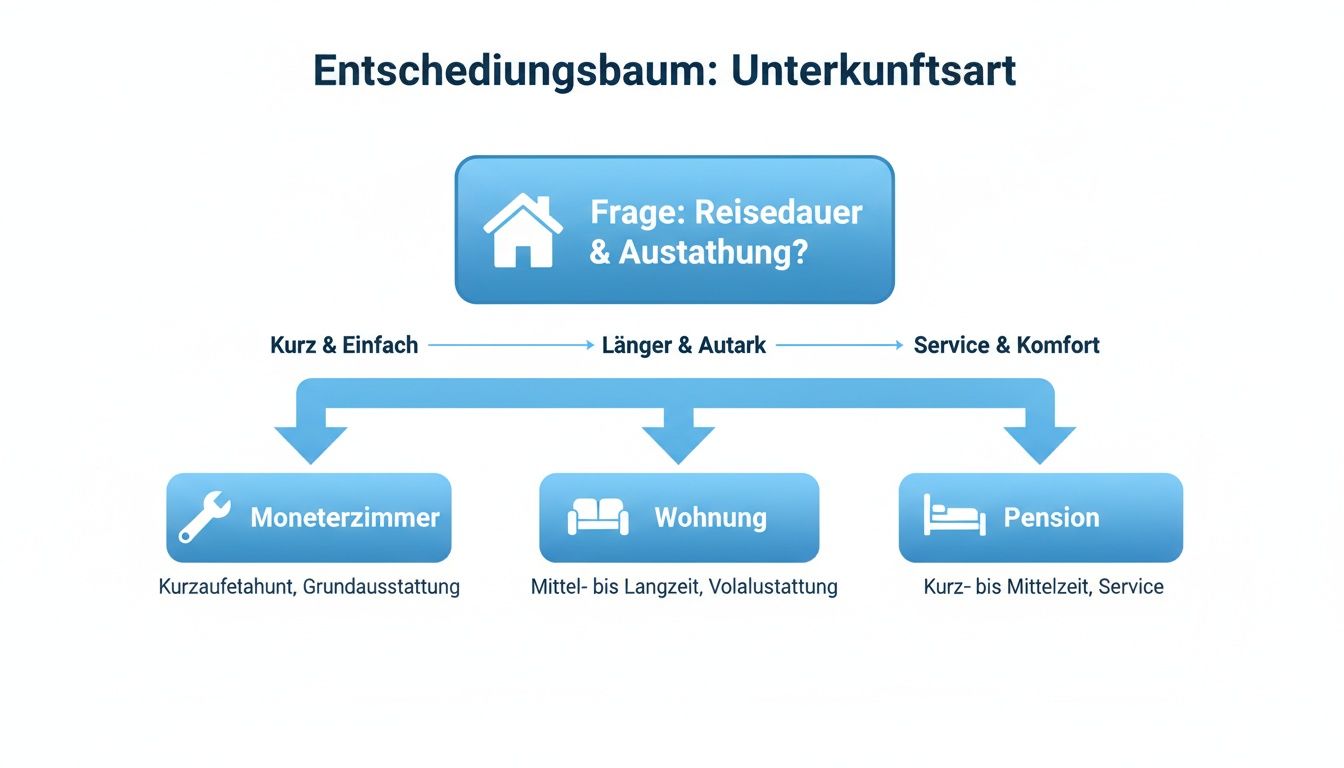 Infografik: Entscheidungsbaum zur Unterkunftswahl basierend auf Reisedauer und Ausstattung.