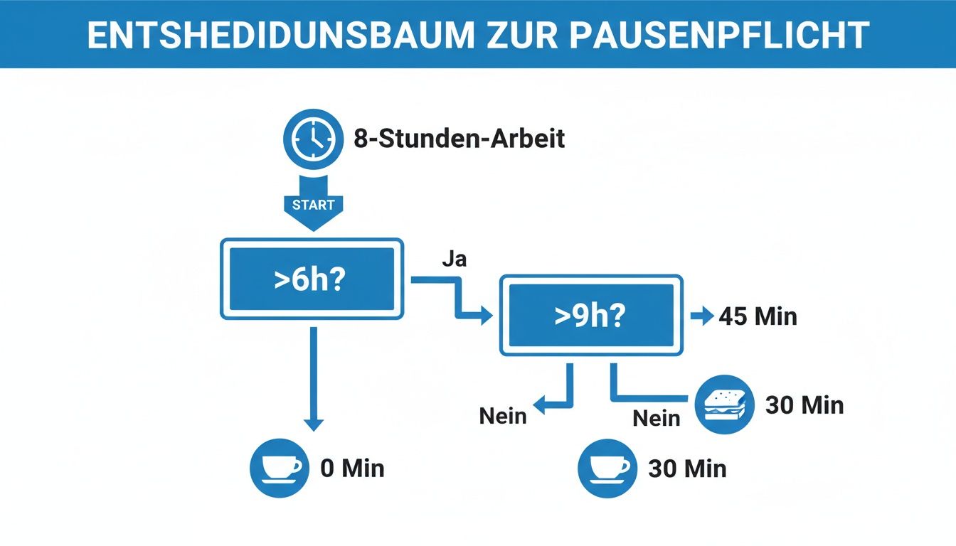 Flussdiagramm zur Pausenpflicht: Zeigt erforderliche Pausenzeiten für Arbeitsdauern über 6 Stunden und über 9 Stunden.