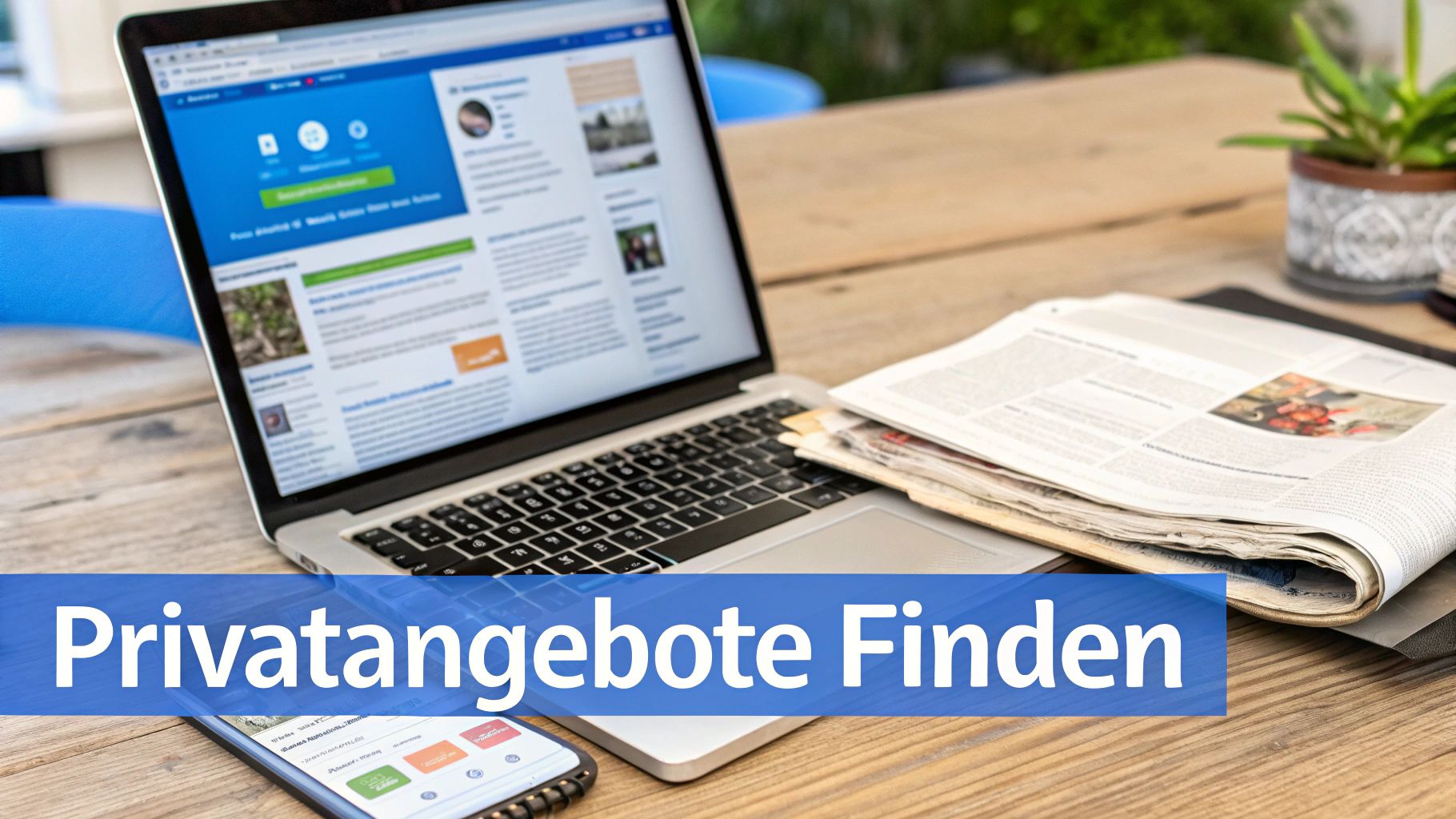 Auf einem Holztisch sind Laptop, Smartphone und Zeitungen zu sehen, mit dem Text: Privatangebote Finden.